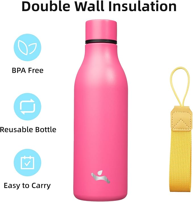Konokyo Insulated Water Bottle with Strap,18 oz Double Wall Stainless Steel Vacuum Bottles Metal Water Flask,Pink