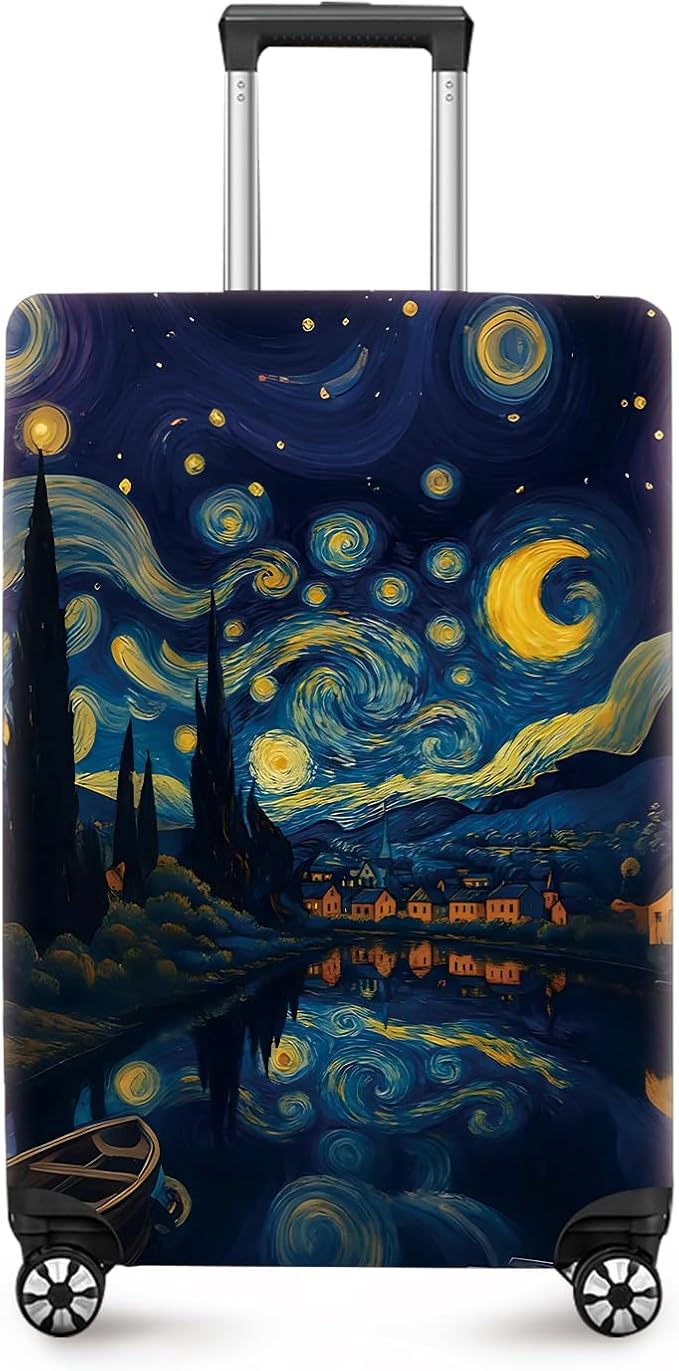 ANNA QUEEN Starry Night Art Luggage Cover, Van Gogh Inspired Suitcase Protector, Washable Stretchable Travel Sleeve for 20-22 Inch Luggage