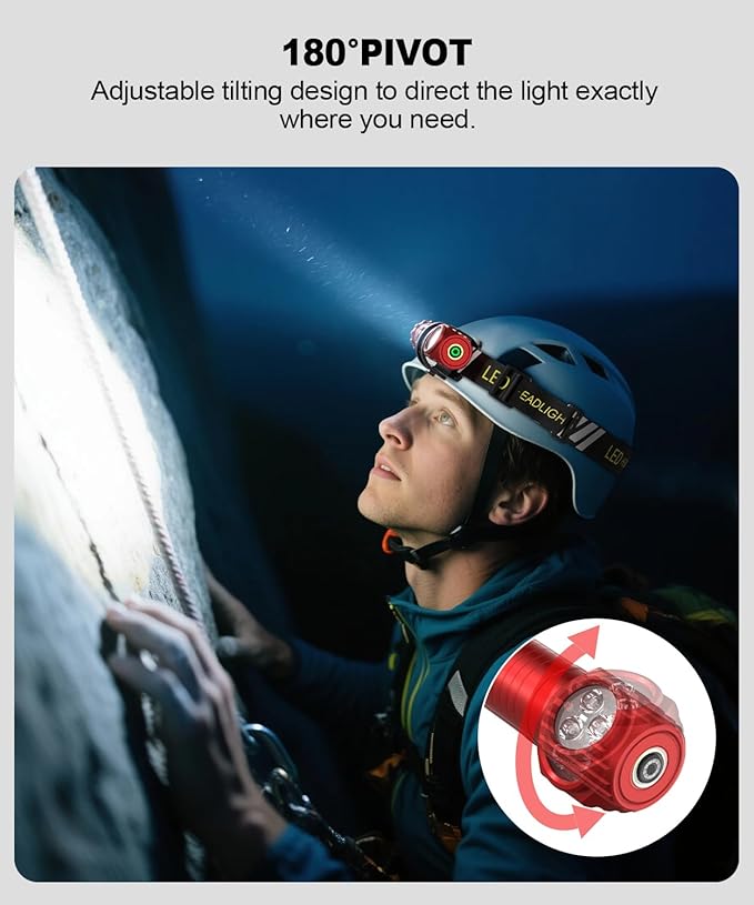 High Lumens LED Rechargeable Headlamp for Adults - Hard Hat Light Running Head Lamp with Red Light, Magnet, 180° Tilt, 7 Modes, Detachable Flashlight & Headband, Outdoor, Emergency Use 2PC Red