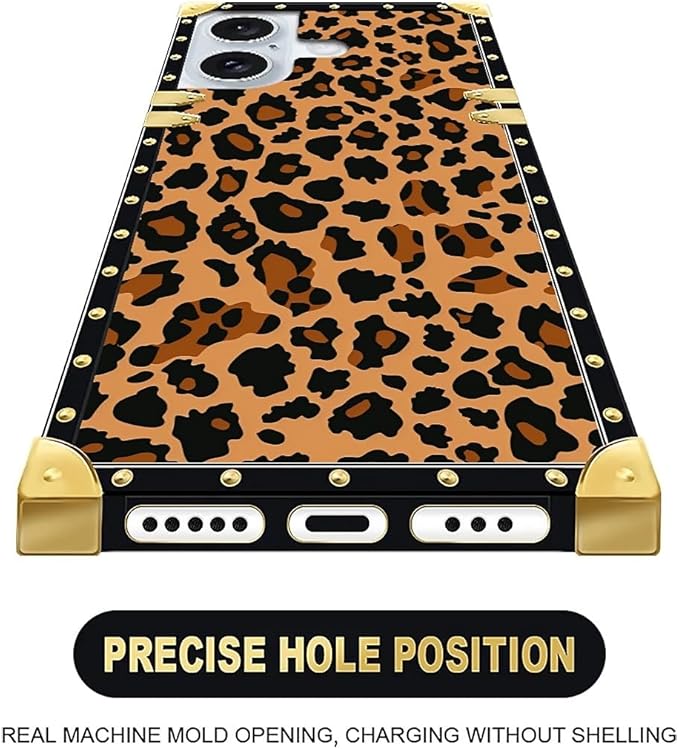Compatible with iPhone 16 Plus Case, Brown Leopard Texture Luxury Golden Decoration for Girl Women Soft TPU Shockproof Protective Hard PC Back