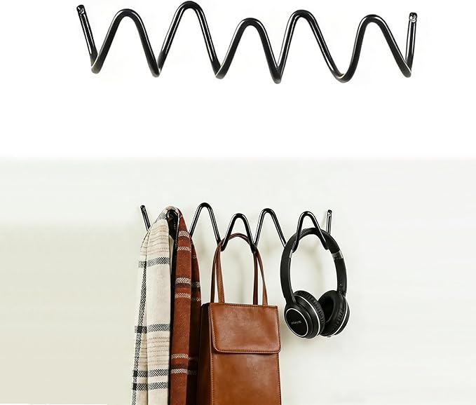 Black Wall Mounted Coat Rack, Decoration Wave Shaped Wall Hooks, Multi-Purpose Hooks for Coat, Hat, Bag, Umbrella, Heavy-Duty Metal Rail for Bedrooms, Living Rooms, Bathrooms(11.81" x 2.56")