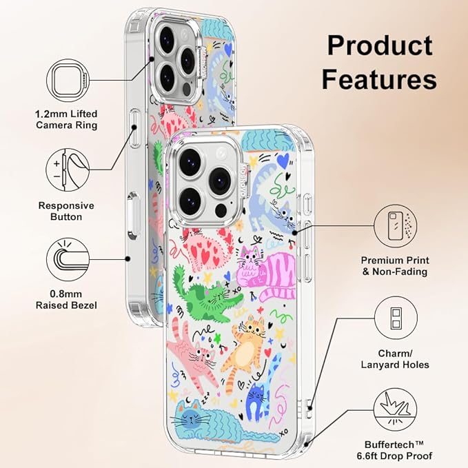 MOSNOVO for iPhone 16 Pro Case, Shockproof Military-Grade Protection 6.6ft Drop Tested, Clear Phone Case for iPhone 16 Pro, Doodle Cats Design