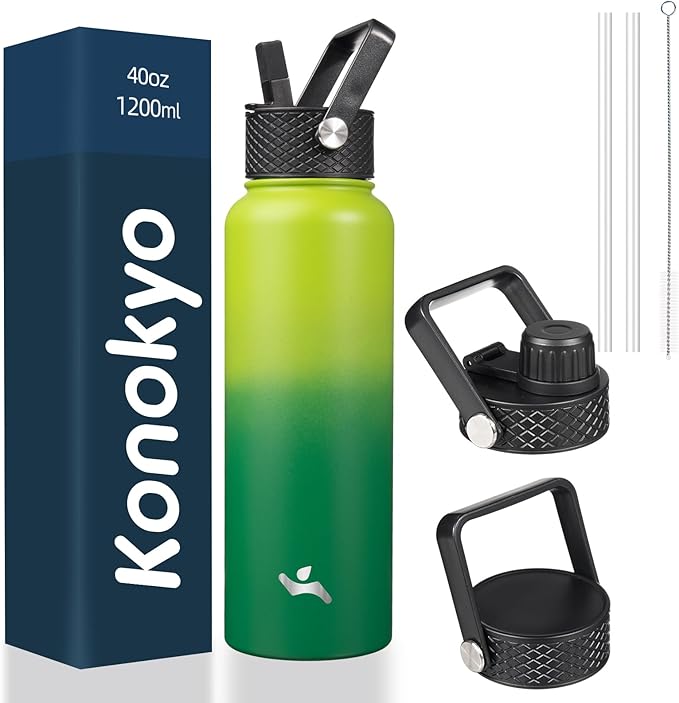 Konokyo 40oz Insulated Water Bottle Stainless Steel Sport Bottles with 3 Lids,Bamboo Grove