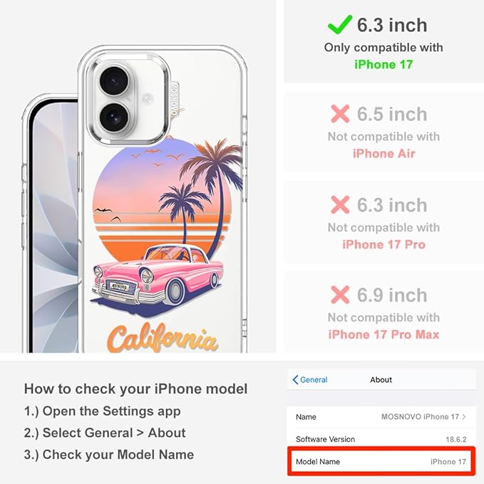 MOSNOVO for iPhone 17 Case, Shockproof Military-Grade Protection 6.6ft Drop Tested, Camera Control, Clear Phone Case for iPhone 17, Cali Cruise Design