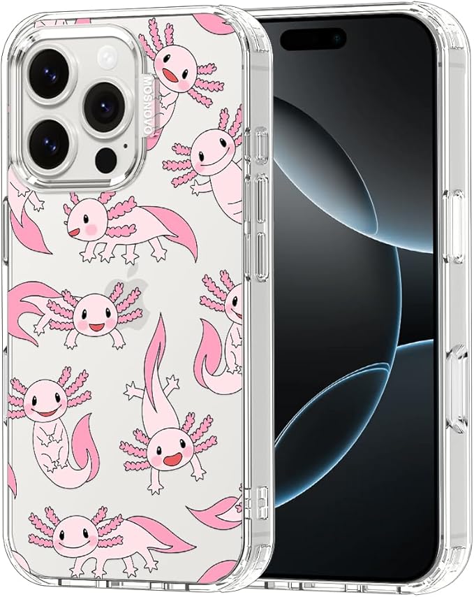 MOSNOVO Case for iPhone 16 Pro, [Buffertech 6.6ft Military-Grade Drop Protection] [Anti Peel Off Tech] Clear TPU Bumper Phone Case Cover Design - Pink Axolotl