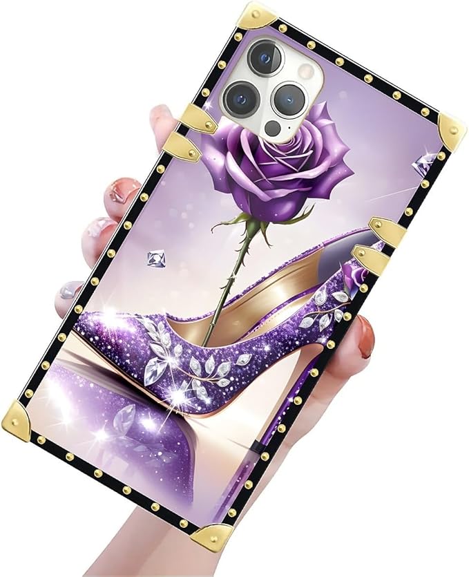 Compatible with iPhone 12 Pro Max Case, High Heeled Purple Diamond Rose Luxury Golden Decoration for Girl Women Soft TPU Shockproof Protective Hard PC Back for iPhone 12 Pro Max