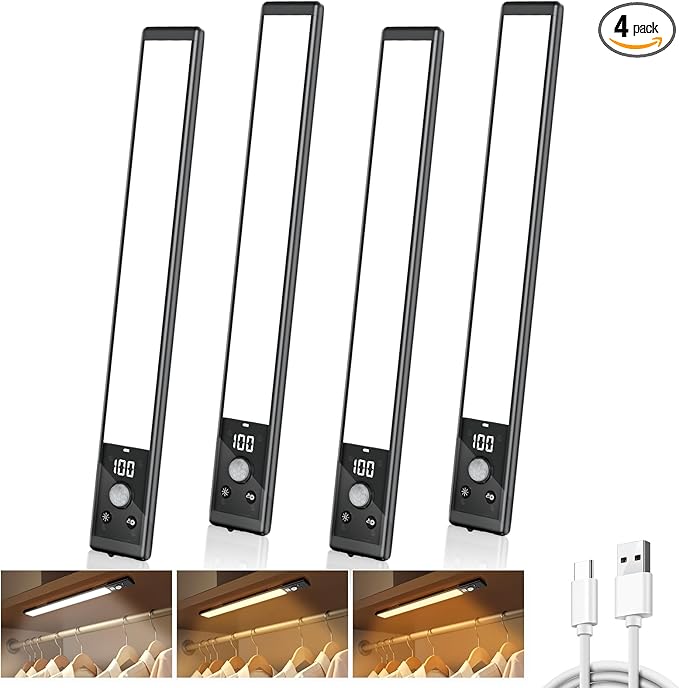 Mpotmiy 4 Pack 12" Under Cabinet Lights with Digital Display,2200mAh Rechargeable Motion Sensor Light Indoor,3 Color Temperatures, Magnetic Dimmable Closet Lights, Under Counter Light for Kitchen