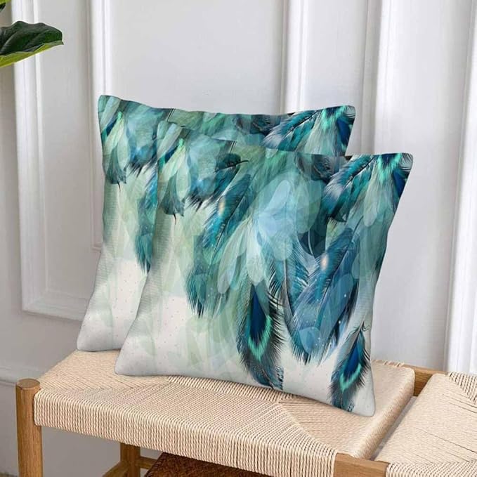 Peacock Feather 18 X 18 Pillow Covers Watercolor Gradient Blue Soft Halo Green Leaves Set of 2 Pillow Cases Square Velvet Outdoor Pillowcases Decorative for Home Bed Sofa Couch Hotel
