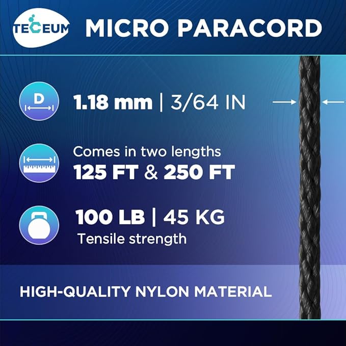 TECEUM Micro Paracord – 1.18 mm X 125 ft – Micro Utility Cord – Thin Braided Paracord Rope – Best for Crafting, DIY Projects, Fishing, Camping – Wind Chime Replacement – Survival Strong String