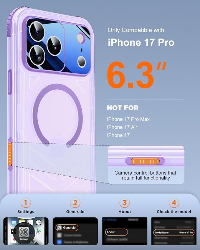 for iPhone 17 Pro Waterproof Case with Magsafe, Built-in [Camera & Screen Protector] [Lanyard], IP68 Water Proof Full Body Dustproof Heavy Duty Frosted Protective Phone Cover, 6.3" Purple