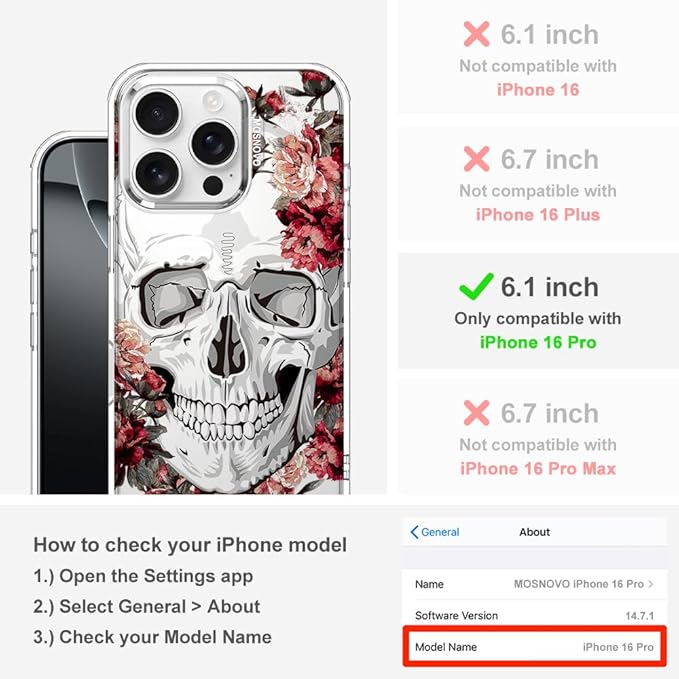 MOSNOVO Case for iPhone 16 Pro, [Buffertech 6.6ft Military-Grade Drop Protection] [Anti Peel Off Tech] Clear TPU Bumper Phone Case Cover Design - Red Flower Skull