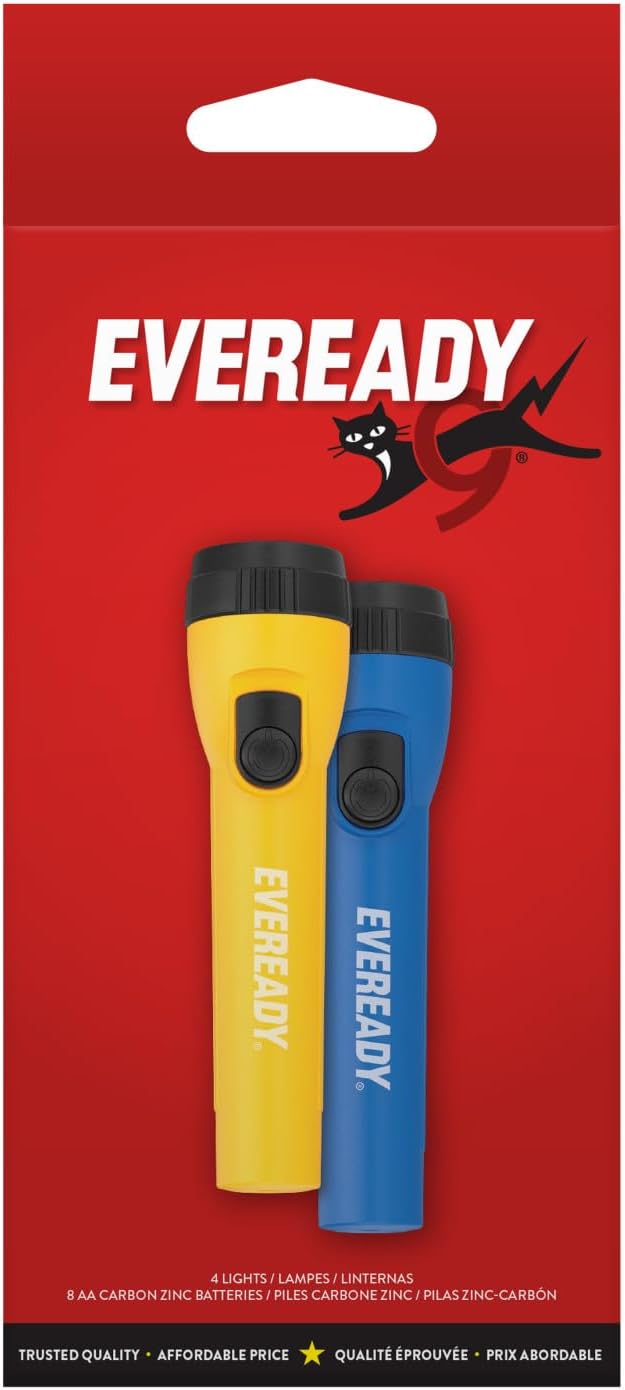 Eveready LED Flashlights (4-Pack), Bright Flashlights for Emergencies and Camping Gear, Flash Light with AA Batteries Included, Blue/Yellow (Pack of 8)