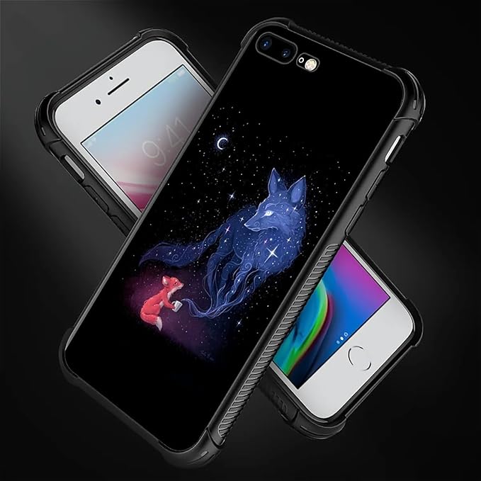 for iPhone 7 Plus/8 Plus Case, Galaxy Fox Wolf Pattern Graphic Design Girl Boy Soft Silicone Hard Acrylic Shock Protection for iPhone 7 Plus/8 Plus