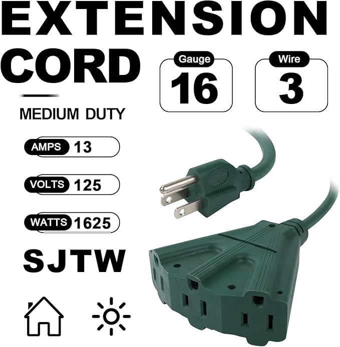 EP 2 Pack 6 Ft Outdoor Extension Cord with 3 Electrical Power Outlets - 16/3 SJTW Green Cable with 3 Prong Grounded Plug for Safety Great for Christmas Lights, Garden and Major Appliances