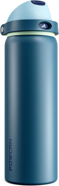 POWCAN 32 oz Insulated Water Bottle: 2-in-1 Lid with Push-Button Spout & Quick-Flip Straw, Leakproof, Cold 24Hrs, Car Cupholder, Stainless Steel Cup for Sports, School, Travel, Camping (Denim Blue)