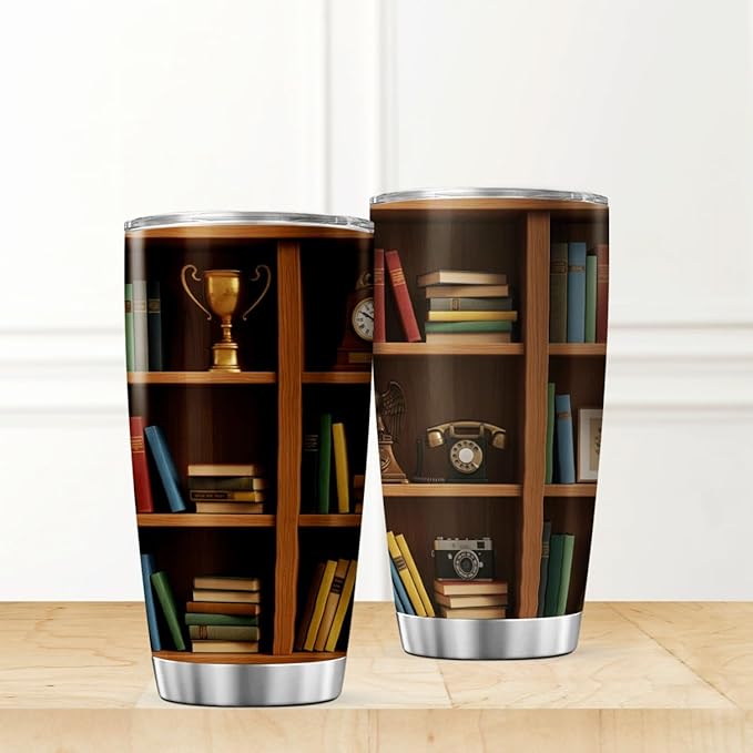 CUBICER Bookshelf Design Stainless Steel Tumbler 20 Oz For Book Lovers Teachers Librarians And Writers Gift Reading Enthusiasts Heat Coffee Iced Insulated Hot Cool Travel