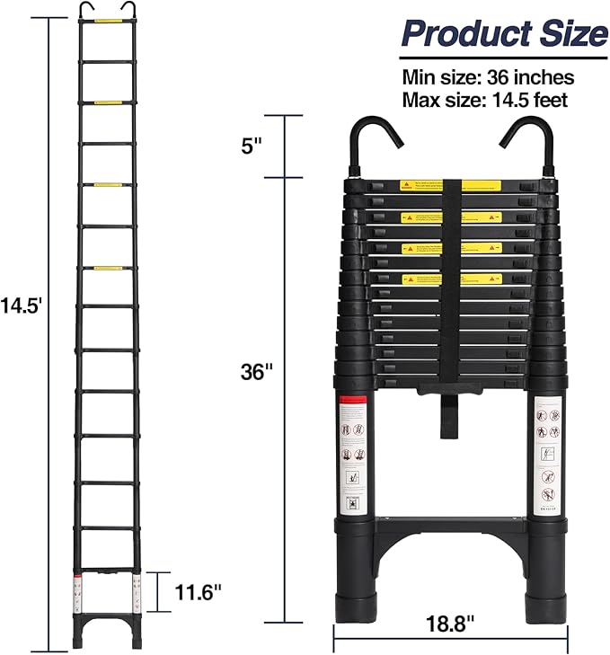 BOCOM 14.5 FT Aluminum Telescoping Ladder with Hooks, Lightweight Multi-Purpose Collapsible Extension with 2 Triangle Stabilizers, Heavy Duty 330 lbs Max Capacity for Home, RV, and Outdoor Work Black