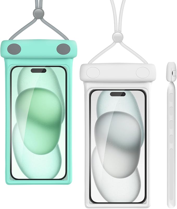 wellhouse Waterproof Phone Pouch, Waterproof Phone Case for iPhone 17 16 15 14 13 Pro Max XS Samsung, IPX8 3D Cellphone Dry Bag Beach Essentials (2 Pack - Duke Green & White7.0, 7 inch)