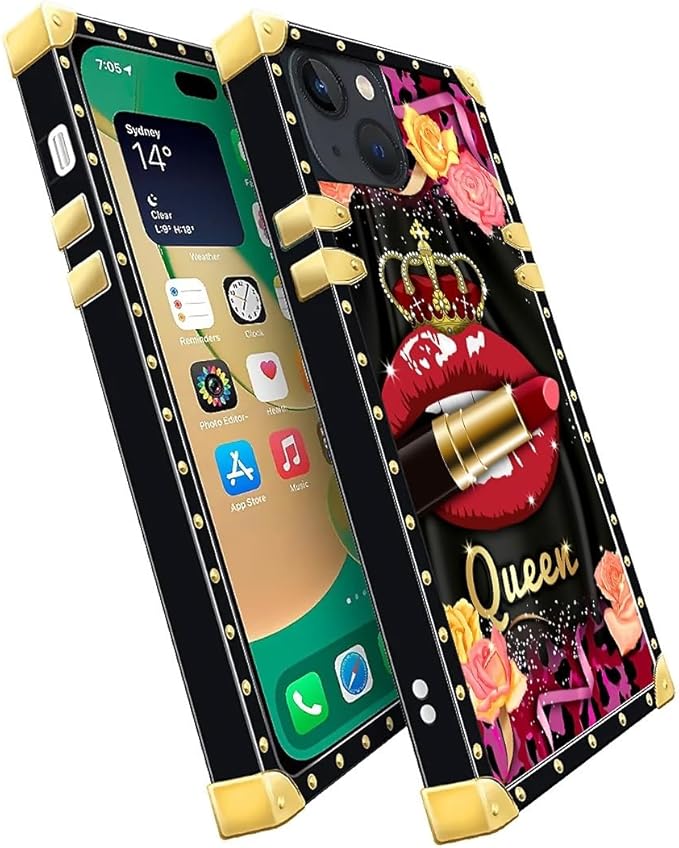 Compatible with iPhone 14 Case, Queen Lip Crown Leopard Print Luxury Golden Decoration for Girl Women Soft TPU Shockproof Protective Hard PC Back for iPhone 14