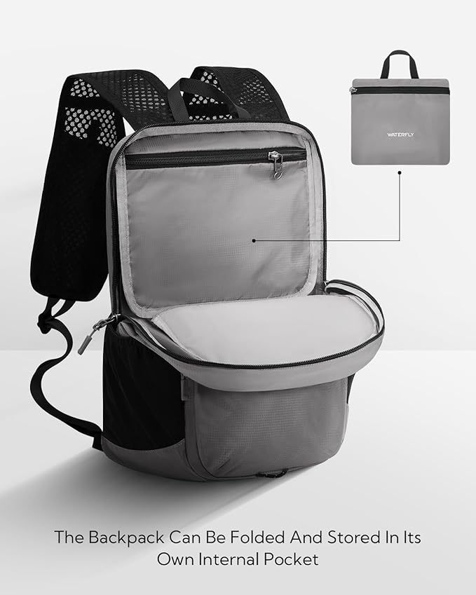 WATERFLY Packable Lightweight Small Backpack: 15L Foldable Mini Hiking Daypack - Ultralight Compact Day Pack for Women Men Outdoor Travel Camping Walking - Gray