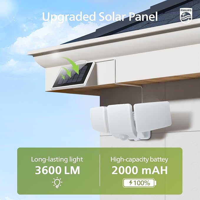 Philips 3600LM Solar Security Lights, 5000K Waterproof Dimmable LED Motion Sensor Outdoor Lights, 3 Adjustable Heads w/16ft Cable, Separate Solar Panel with 3 Modes Solar Flood Lights for Yard, Garage