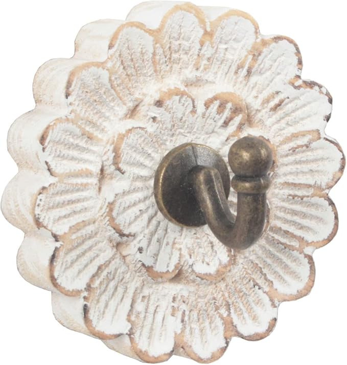 dwellington Distress Wood Flower Coat Hooks for Wall Hanging, Single Small Vintage Decorative Hanger for Keys, Bags, Towels (Robe Hanger)