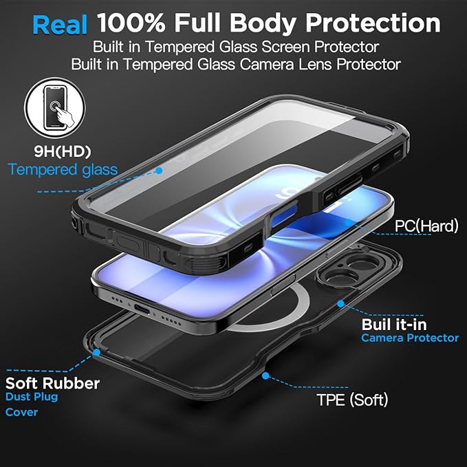 AICase Waterproof Case for iPhone 16(6.1") with MagSafe Snowproof,Dustproof and Shockproof,IP68 Certified Real 360 Full Body Protection Fully Sealed Underwater Cover for iphone16 2024