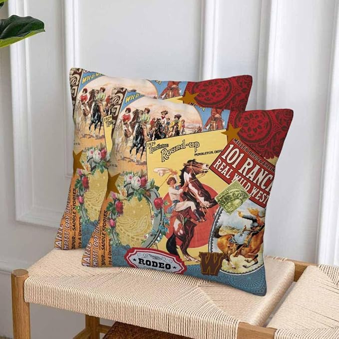 Cowgirls Wild West Pillow Covers 18 X 18 Far East Rodeo Round Up Win Ride Horse Race Wreath Cool Set of 2 Pillow Cases Square Outdoor Throw Cushion Pillowcases Decor Home Bed Sofa Couch Hotel