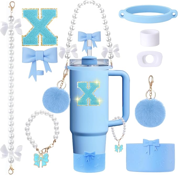9pcs Stanley Cup Accessories Set- for 30oz 40oz Tumblers with Handle - Bule Kit Includes Bow Straw Topper and Boot, Charm, Pearl Handle Strap & Stickers - Aesthetic Girl Gifts (X)