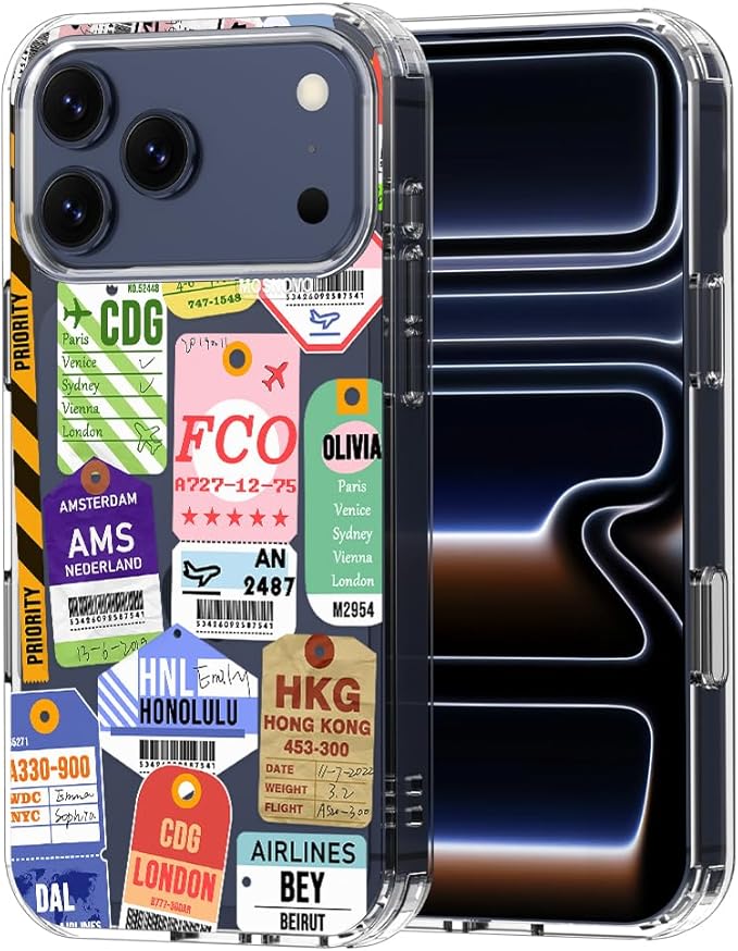 MOSNOVO for iPhone 17 Pro Max Case | Military Grade 6.6ft Drop Tested | Camera Control | Clear with Air Ticket Labels Design