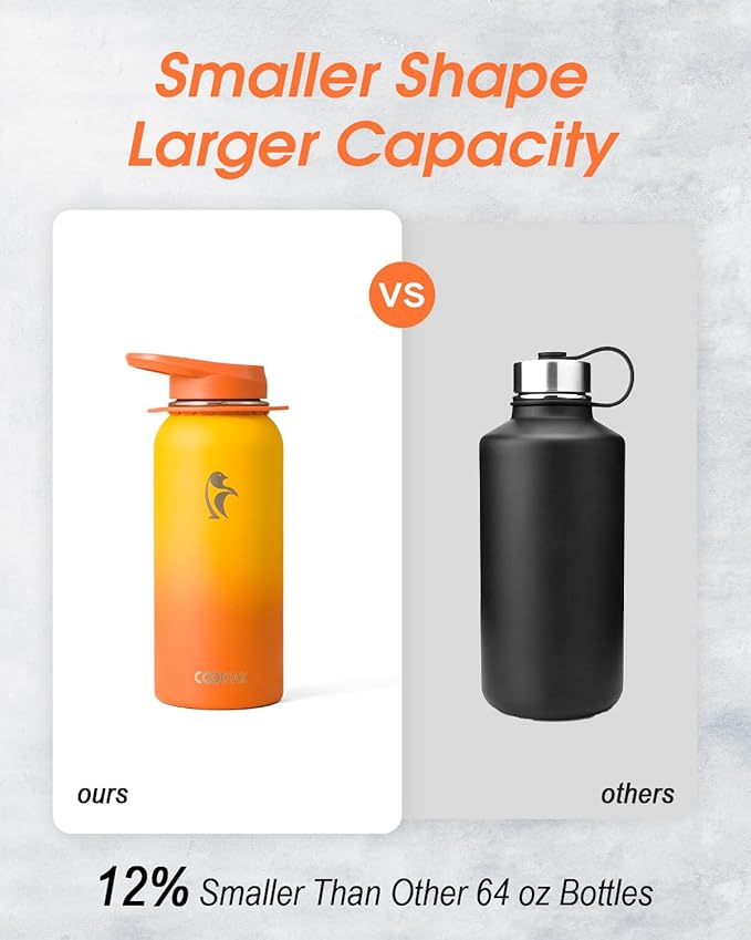 Coolflask Water Bottle with Straw, 32 oz Insulated Metal Water Flask with Straw & Spout Lids, Stainless Steel Double Wall Vacuum, Keep Cold 48h Hot 24h, Leak Proof, BPA-Free, Yellow/Orange