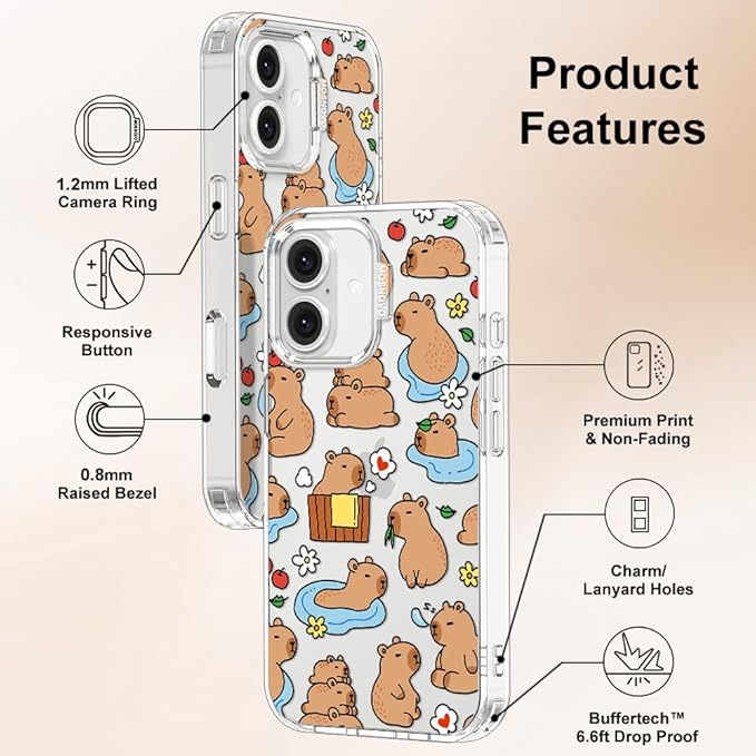 MOSNOVO for iPhone 16 Plus Case, Shockproof Military-Grade Protection 6.6ft Drop Tested, Clear Phone Case for iPhone 16 Plus, Capybara Land Design