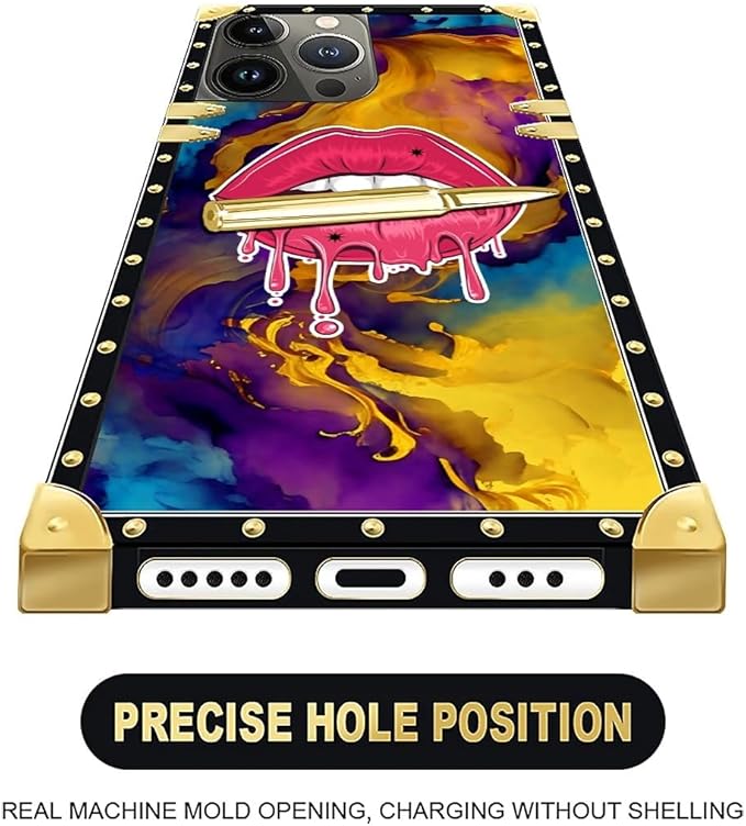 Compatible with iPhone 16 Pro Max Case, Cool Corlorful Lip Marble Luxury Golden Decoration for Girl Women Soft TPU Shockproof Protective Hard PC Back for iPhone 16 Pro Max