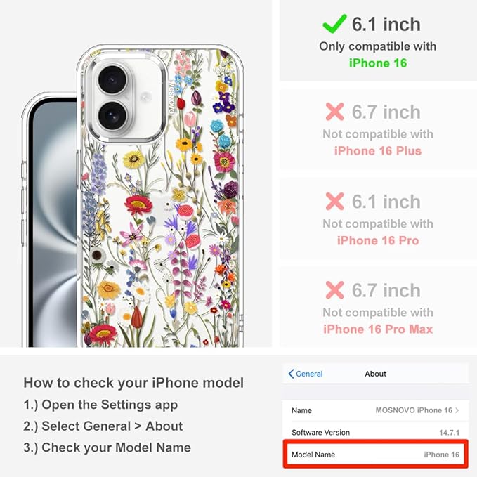 MOSNOVO Case for iPhone 16, [Buffertech 6.6ft Military-Grade Drop Protection] [Anti Peel Off Tech] Clear TPU Bumper Phone Case Cover Design - Wildflower Meadow
