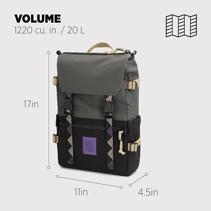 Topo Designs Rover Pack Classic - Laptop Tablet Daypack for Commutes, Day Trips, Hikes, Iconic Denver Design, PFAS-Free, Fair Trade, BlueSign Backpack (Asphalt/Black)