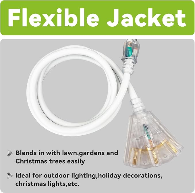 EP 12FT 12 Gauge Heavy Duty Extension Cord, 15A 125V 1875W, 3 Outlet Indoor/Outdoor Power Cord with Lighted End, 12/3 SJTW Weatherproof White, ETL Listed