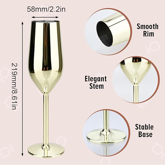TJ Unbreakable 8 Oz Stainless Steel Champagne Flutes (2 Pack)- Gold Champagne Glasses - Reusable Indoor Outdoor Drinkware - Keeps Drink Cool for Longer - Gift Idea