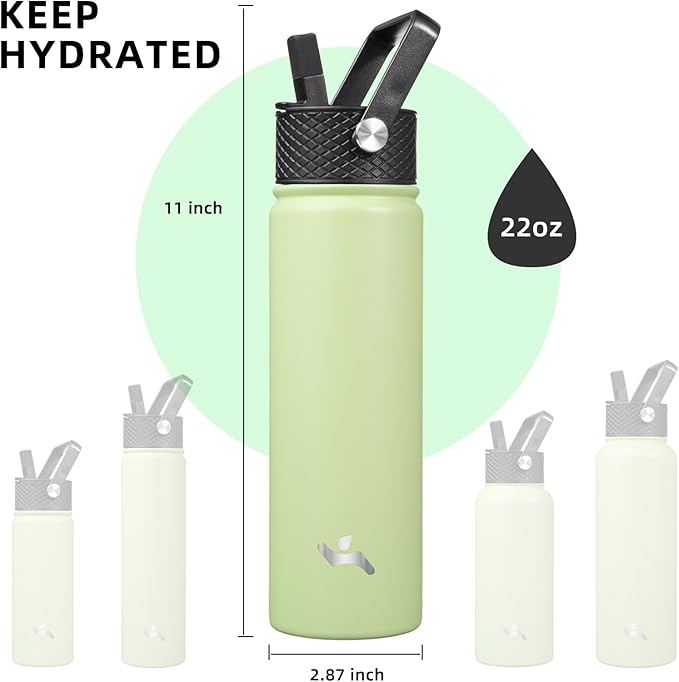Konokyo 22oz Stainless Steel Bottles with 3 Lids Sport Insulated Water Bottle,Macaron Green