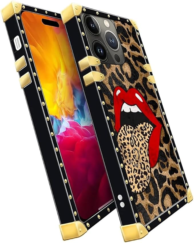 Compatible with iPhone 15 Pro Max Case, Brown Leopard Print Mouth Luxury Golden Decoration for Girl Women Soft TPU Shockproof Protective Hard PC Back for iPhone 15 Pro Max