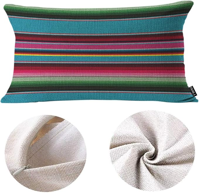 EKOBLA Decorative Lumber Cushion Case Mexican Stripes Pattern Ethnic Cinco De Mayo Rainbow Color Striped Home Decorative Waist Lumber Cotton Linen Pillowcases Oblong Rectangle Case