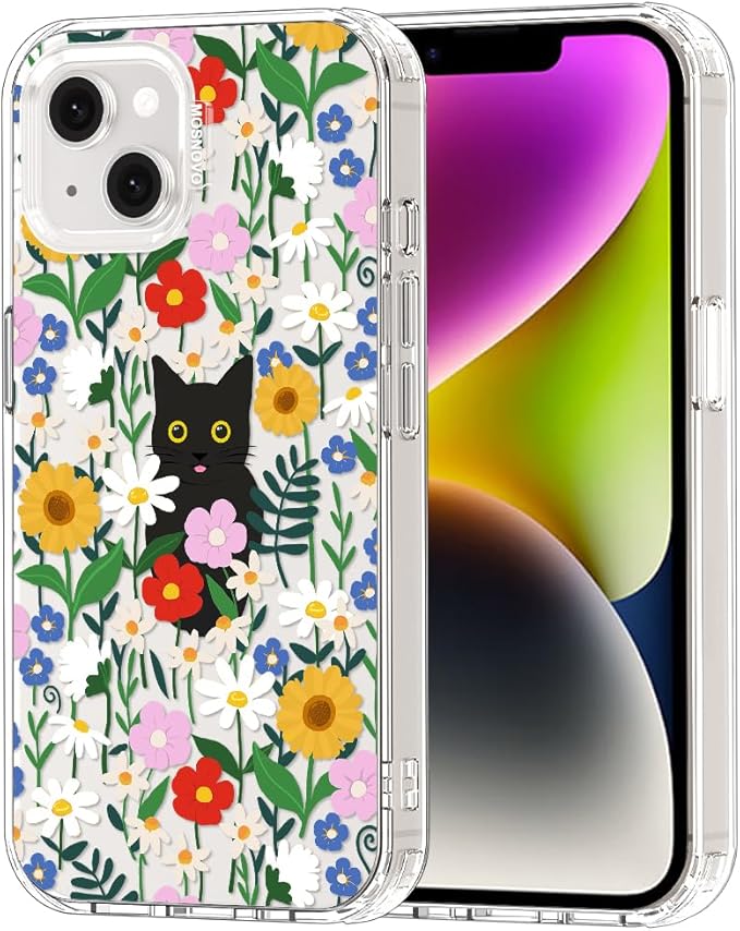 MOSNOVO for iPhone 13/14 Case | Military Grade 6.6ft Drop Tested | Clear with Black Cat in Garden Design