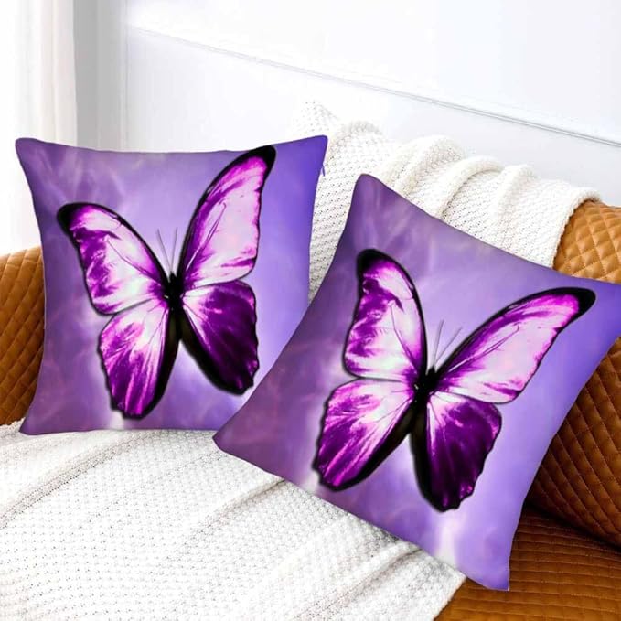 Purple Butterfly Couch Pillow Covers 18 X 18 Vibrant Magical Nature Insect Set of 2 Pillowcases Square Velvet Outdoor Cushion Pillow Cases Decorative for Home Bed Sofa Couch Hotel