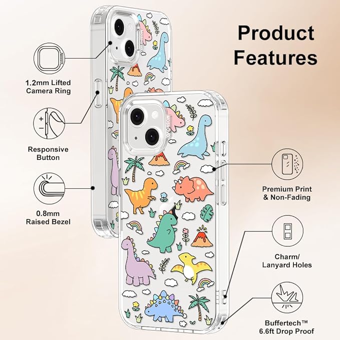 MOSNOVO for iPhone 13/14 Case | Military Grade 6.6ft Drop Tested | Clear with Dinosaur Land Design