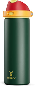 24 oz Insulated Water Bottle with Straw: Meoky Stainless Steel Metal Water Bottle with 2-in-1 Lid - Leak Proof, Cold for 24 Hours, Protective Silicone Base, BPA-Free for Sports Travel Car, Evergreen