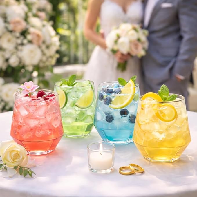 Oojami 40 count Diamond 12 Ounce Cups Unbreakable Stemless Plastic Wine Champagne Whiskey Glasses Elegant Durable Disposable Indoor Outdoor Ideal for Home, Office, Bars, Wedding (Clear)
