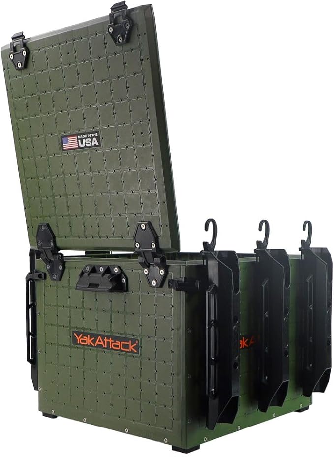 YakAttack BlackPak Pro Kayak Fishing Crate - Ranger Green | 16" x 16" Riggable Kayak Gear Storage System with Hinged Lid, GridLoc Mount Panels & 6 TetherTube Rod Holders | Lightweight Tankwell Crate