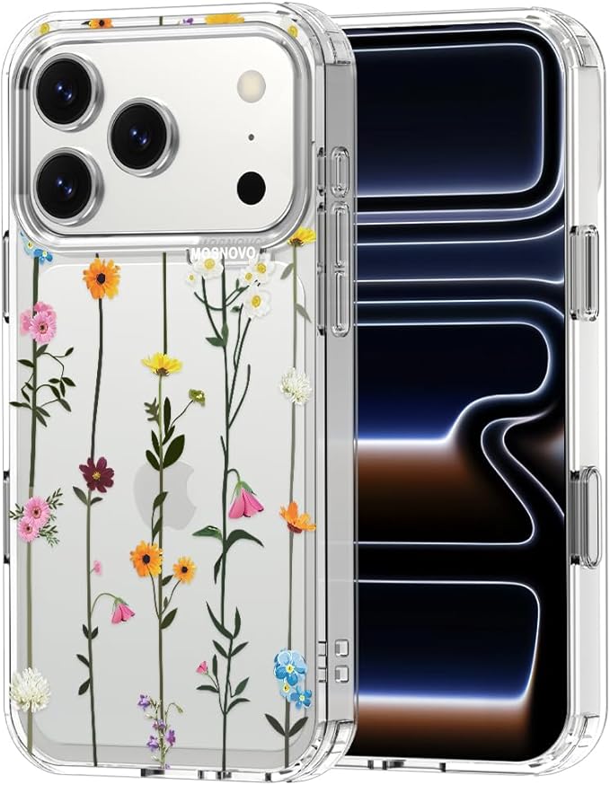 MOSNOVO for iPhone 17 Pro Case | Military Grade 6.6ft Drop Tested | Camera Control | Clear with Wildflowers Design
