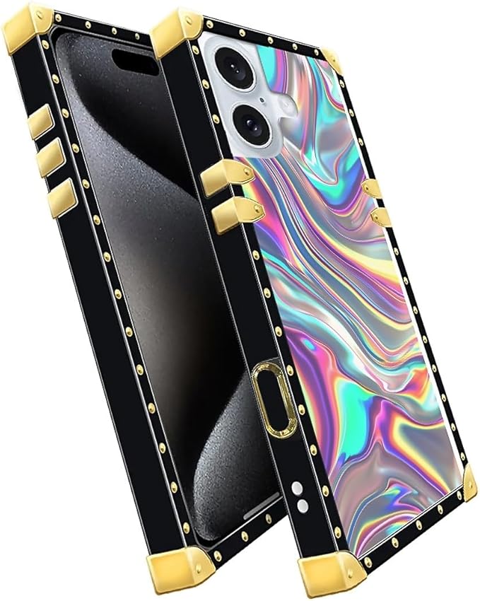 Compatible with iPhone 16 Plus Case, Holographic Abstract Iridescent Textures Luxury Golden Decoration for Girl Women Soft TPU Shockproof Protective Hard PC Back