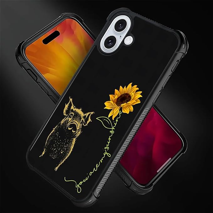 for iPhone 16 Case, Pig Sunflower Yellow Sunshine Pattern Graphic Design Girl Boy Soft Silicone Hard Acrylic Shock Protection for iPhone 16