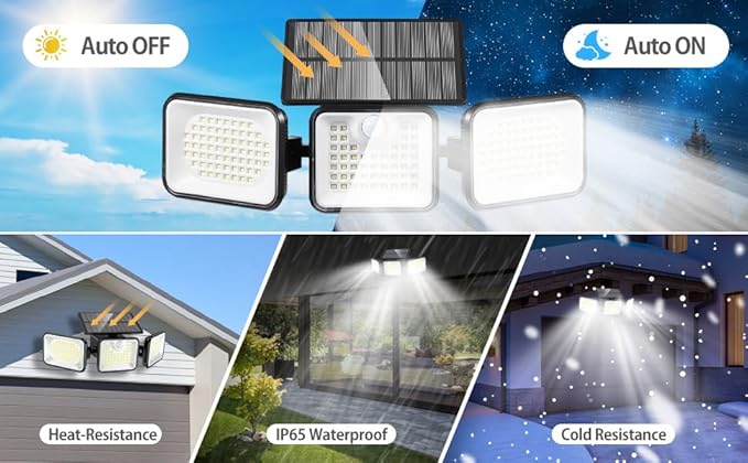 2 Pack 180 LED Solar Flood Light Outdoor,Motion Sensor Outdoor Lights,IP65 Waterproof,3 Adjustable Heads Outdoor Solar Lights,Solar Lights for Outside Fence Driveway Walkway